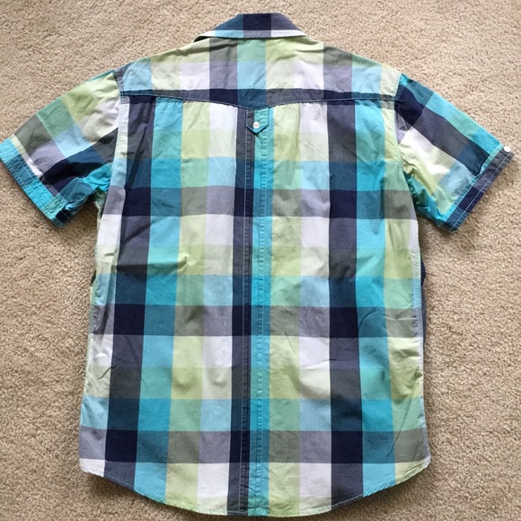 Men’s Blue & Green Plaid Button Down Shirt - Picture 6 of 7